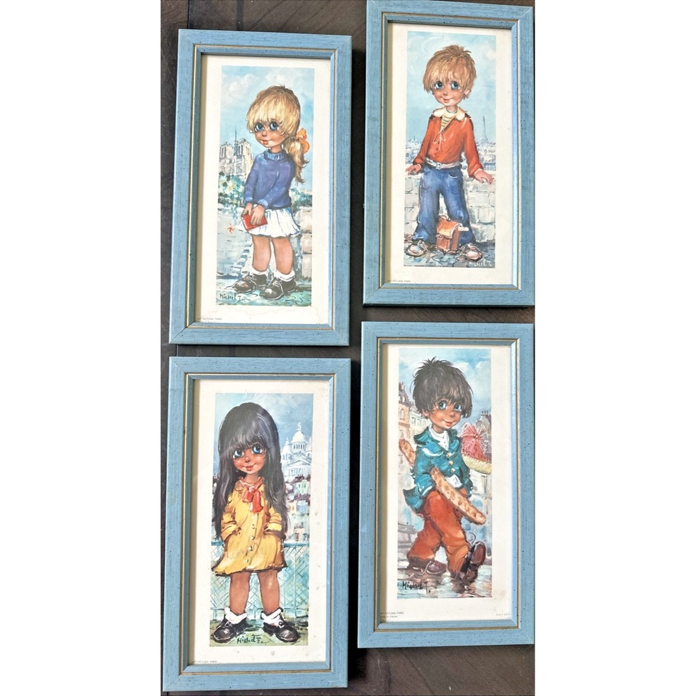 4 Michael Thomas Framed Vintage Big Eyed Boy/Girl Children Prints Made in France